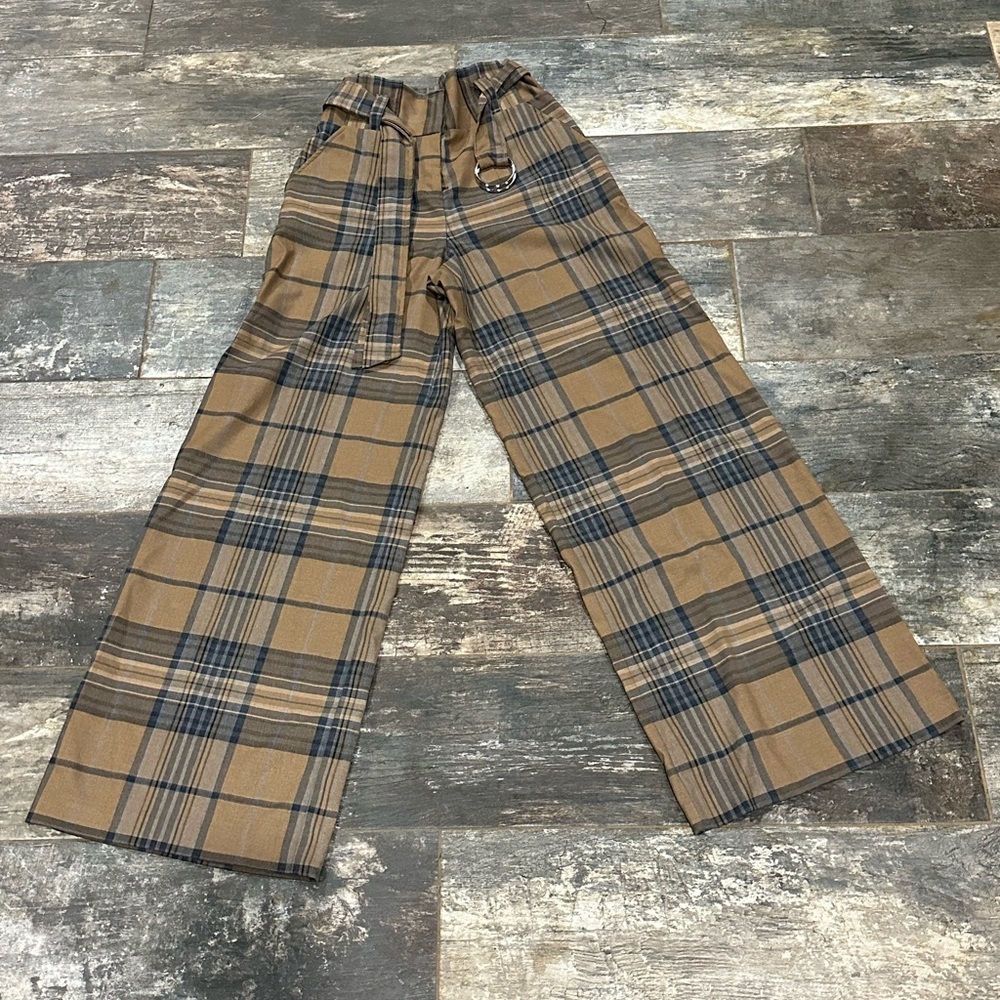 Plaid High-Waisted Pleated Wide-Leg Pants